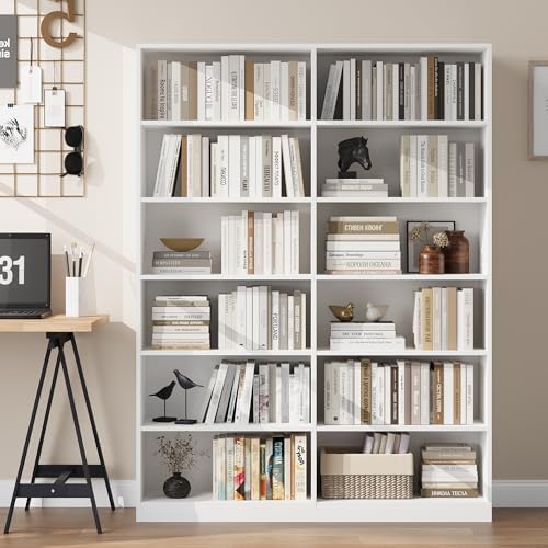 FACBOTALL Bookshelf Tall Bookcase, 6-Tier Double Wide Bookshelves, White