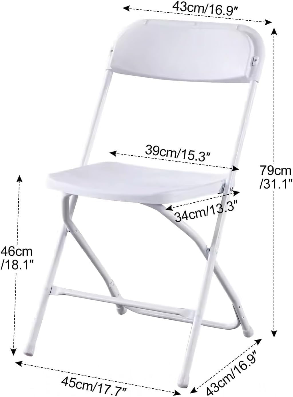 PP Plastic Folding Chair, Indoor Outdoor Portable Stackable Commercial Seat with Steel Frame 350lb.(White)