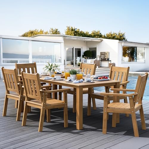 YEFU 7-Piece Patio Table Set, All-Weather HIPS, Metal Aluminum Frame, Teak