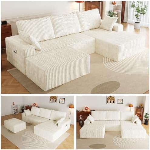108" U-Shape Modular Sectional Cloud Cream Couch with Ottoman, Deep Seat...