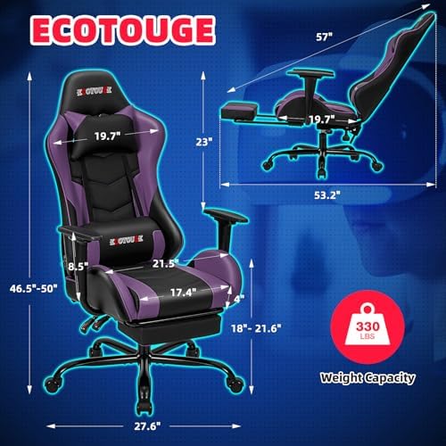 ECOTOUGE Violet Ergonomic PC Massage Gaming Chair with Footrest | Reclining R...