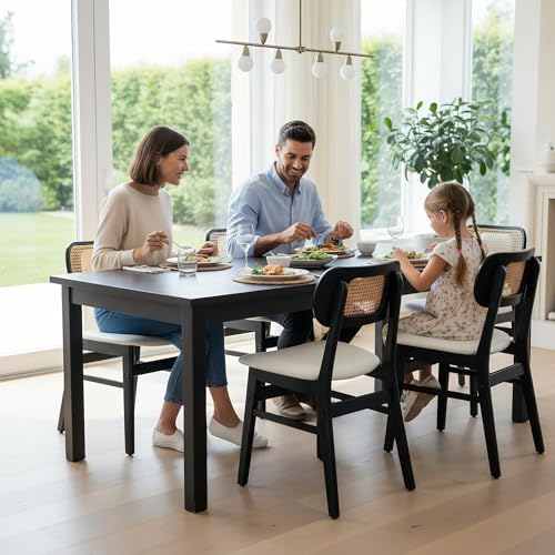 ROCITY Black Rattan Dining Chairs Set of 6 Sherpa Dining Room Chairs Natural ...