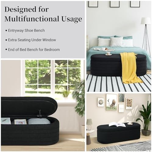 Teddy Sherpa Oval Black Ottoman with Storage, 45.5-inch Bench | Teddy Upholst...