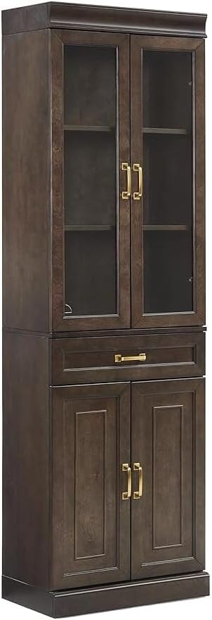 HomeStock Renaissance Refinement Stanton Glass Door Kitchen Storage Pantry Cabinet - 14.5" D x 23.75" W x 78" H, Durable, Adjustable Shelf, Floor Mountable, Rectangular