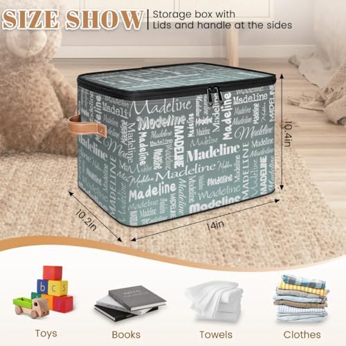 Personalized Name Storage Basket, Custom Keepsake Box, Grey Green | Foldable Fabric Gradient Large Memory Bin with Handle Lid Lightweight Waterproof Dustproof, 14"L x 10.2"W x 10.4"H