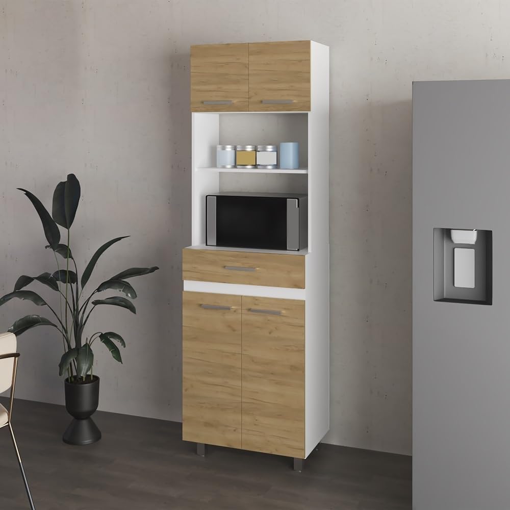Pantry Cabinet with Storage Drawer, Microwave Locker for Kitchen Hallway, Mod...
