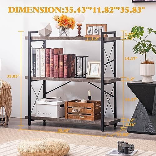 HCHQHS Bookshelf, 3-Tier Industrial Bookcase, Rustic Open Book Shelf, Freesta...