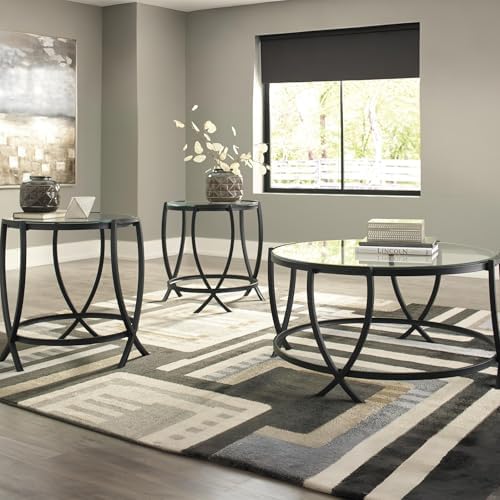 Signature Design by Ashley 3-Piece Glass Top Round Coffee Table Set, Black
