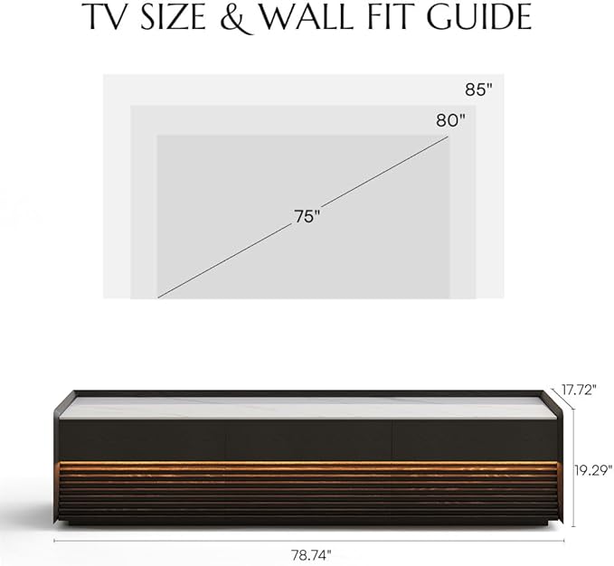POVISON Fully-Assembled Mid Century Glossy Sintered Stone TV Stand, 78.74" Wood Media Console with Adjustable LED Light, Entertainment Center with Storage for Living Room