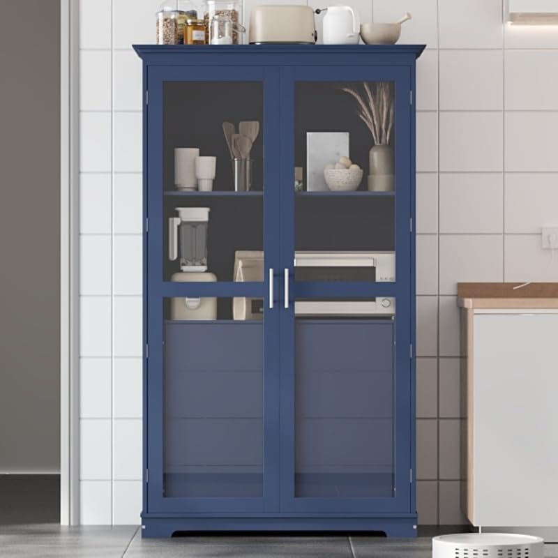JIJIWANG Kitchen Pantry Cabinet,Coffee Bar Storage with Glass Doors and 4 Bui...