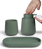 INGOFIN 3 Pcs Ceramic Bathroom Accessory Set - Foam Soap Dispenser, Toothbrush Holder & Tray, Bathroom Counter Set, Countertop Essentials for Home, Guest Bathroom, or Office Use, Matte Green