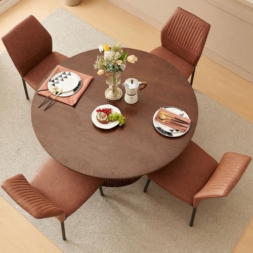 Dining Table Set for 4, 47" Wooden Round Kitchen Table with PU Leather C...