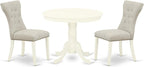 East West Furniture ANGA3-LWH-35 3 Piece Dining Room Furniture Set Contains a Round Dining Table with Pedestal and 2 Doeskin Linen Fabric Upholstered Chairs, 36x36 Inch, Linen White