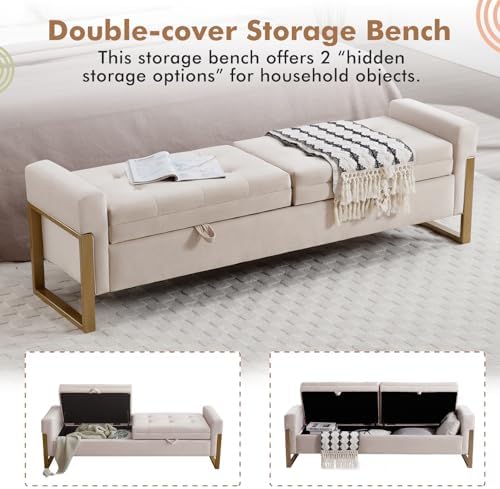 67" Storage Bench for Bedroom, End of Bed Bench King Size, Beige | Doubl...