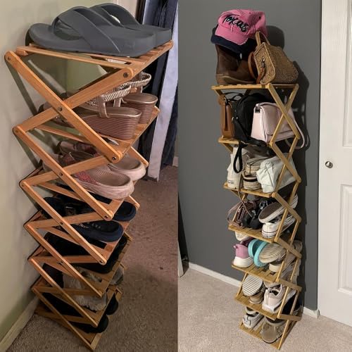 Bamboo Foldable Narrow Shoe Rack, The 9-Tier Bamboo Rack: 3-Tier, 6-Tier, and 9-Layers No-Assembly Storage Solution! Vertical Shoe Organizer Tall for Small Spaces Entryway Bedroom (White, 3 Tier)