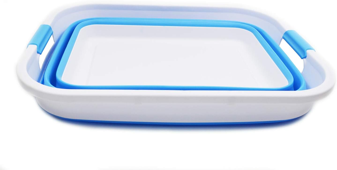 SAMMART 41L (10.8 gallon) Collapsible Plastic Laundry Basket-Foldable Pop Up Storage Container/Organizer-Portable Washing Tub, Water capacity: 32L (8.4 gallon) (Retangular, White/Marine Blue)