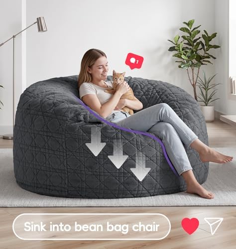 fond + found Giant Bean Bag Chair with Plush Quilted Cover, 5FT Darkgrey | Pl...