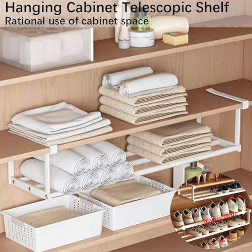 Cabinet Telescopic Shelf, Slim Descent Cabinet Tiers, Retractable Hanging Shoe Rack Organizer, Multifunctional Telescopic Shelf Cabinets for Storing Shoe Cloth,Snack (2pcs White, 40-75cm)