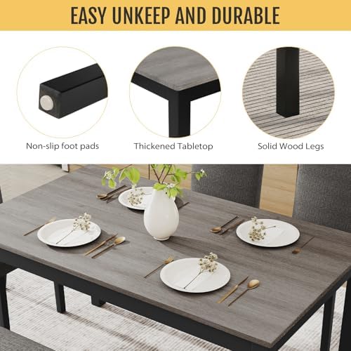 Zevemomo 6-Piece Solid Wood Dining Table Set, Wooden Legs, Dark Grey