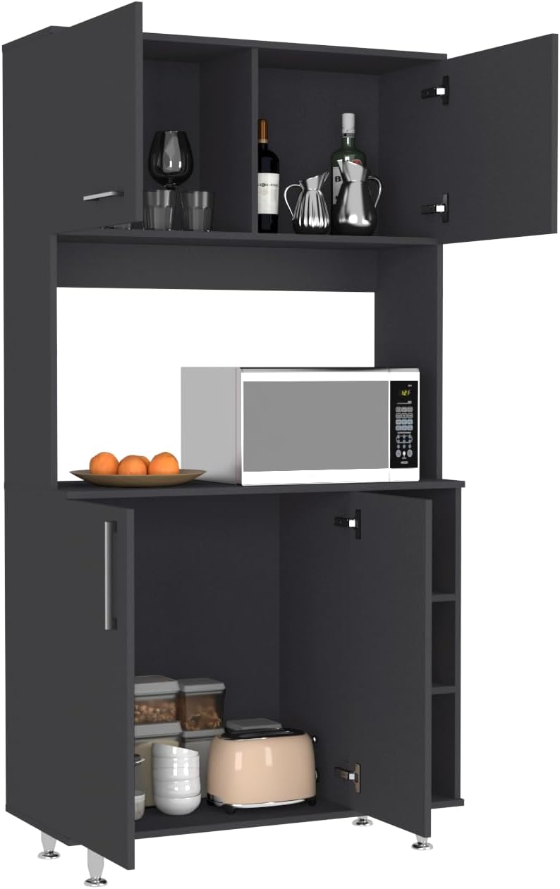 Pantry Cabinet Delaware Kitchen Black with Spacious Top Surface and Hutch | S...