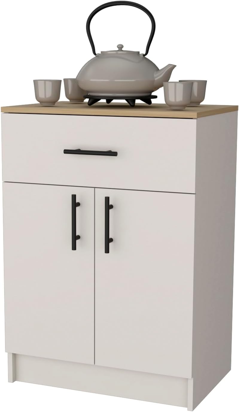 Cope Kitchen Pantry in Melamine with 2 Doors and 1 Drawer, Ivory/Natural Oak