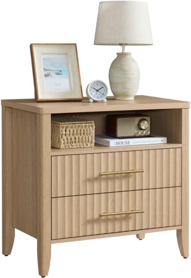 Fluted Nightstand with 2 Drawers, 27" Modern Nightstands Set of 2 with S...