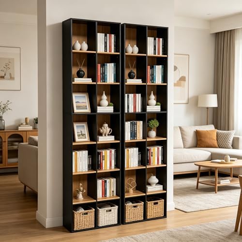 71" Tall Shallow Bookcase DVD Storage Shelf, 14 Cubes 7 Tier Narrow Wide...
