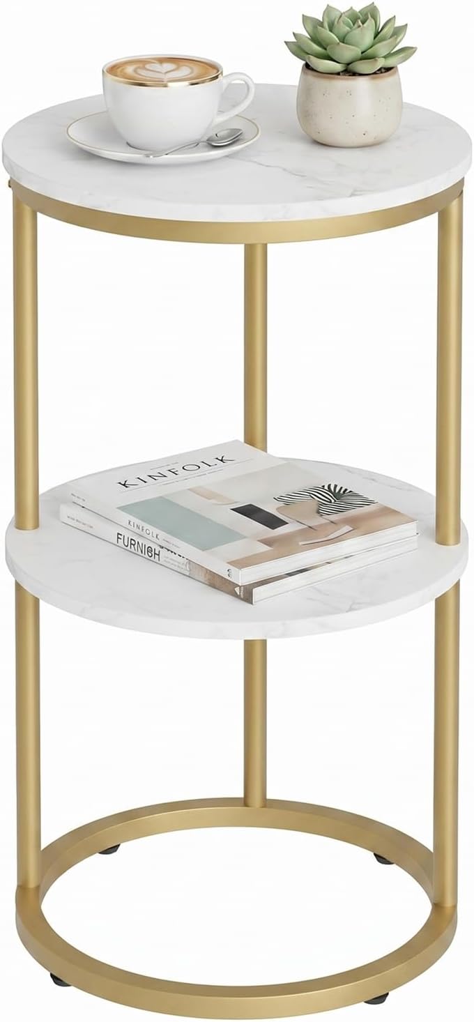 C Shaped end Table,2 Tier Wood Round Side Table for Couch,Small Sofa Table wi...