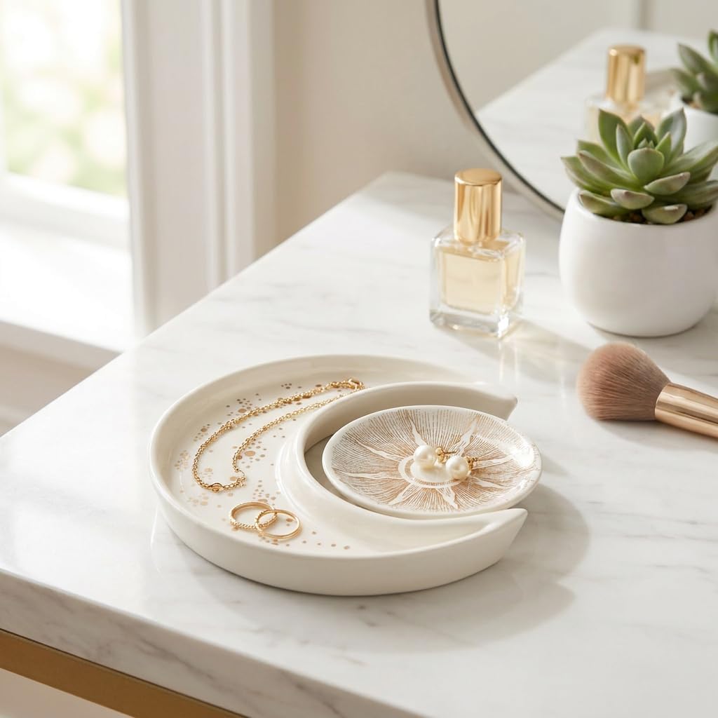 Ceramic Jewelry Dish Tray 2-Pack,Earrings Ring Holder,Small Trinket Plate | Bohemian Sun and Moon Key bowl,Unique Elegant Decor for Home,Engagement Birthday Gift,Gift for Mom Women Bride Friends