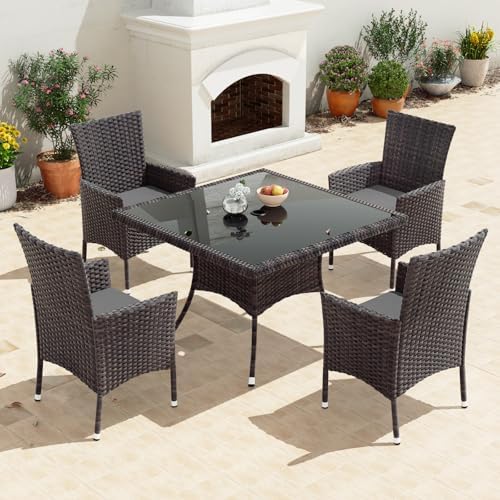 Gotland 5 Piece Outdoor Dining Set, All-Weather Rattan Patio Furniture Set wi...