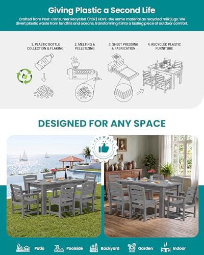 SERWALL 59" HDPE Outdoor Dining Set for 6, w/ 1 Table & 6 Chairs, Gray