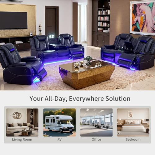 Power Recliner Sofa Set, Black Leather 3 Pieces Sectional Couch, Living Room ...