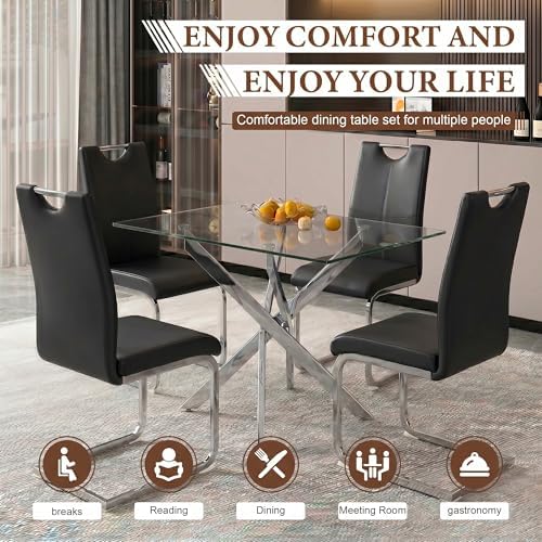 5 Piece Dining Table Set for 4, Modern Tempered Glass Kitchen Table with 4 Up...