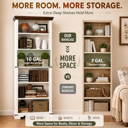 6-Tier Farmhouse Bookshelf, 73 inch Tall Bookcase with 2 Adjustable Shelves, ...