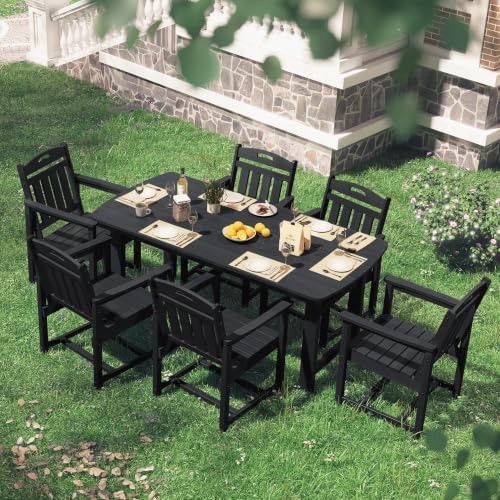 HDPE Outdoor Dining Set, Patio Table and 6 Chairs, 2" Umbrella Hole, Black