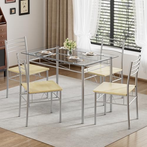 VECELO Dining Table Set for 4, 5-Piece Glass Kitchen Table with Chairs for Sm...