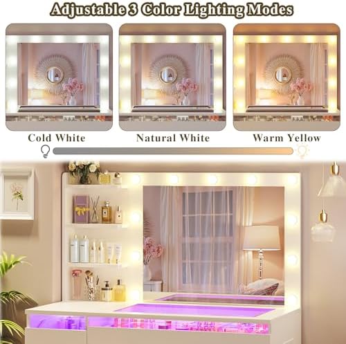 HUAHUU Vanity Desk with Lighted Mirror & Transparent Top, Makeup Vanity D...