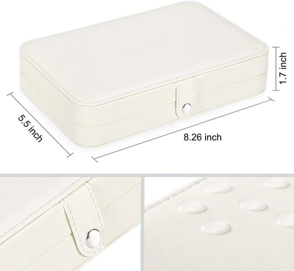 LANDICI Small Jewelry Box for Women Girls, PU Leather Travel Jewelry Case, Portable Jewelry Organizer Storage Holder Display for Ring Earrings Necklace Bracelet Bangle Men Kids Gift, White