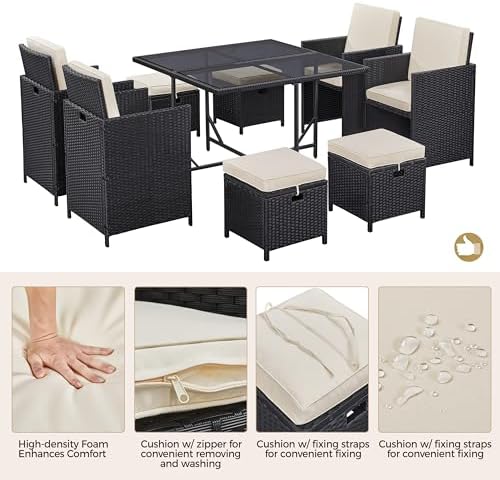 Yaheetech 9 Pcs Patio Dining Sets, Rattan Chairs w/Glass Table Black/Beige