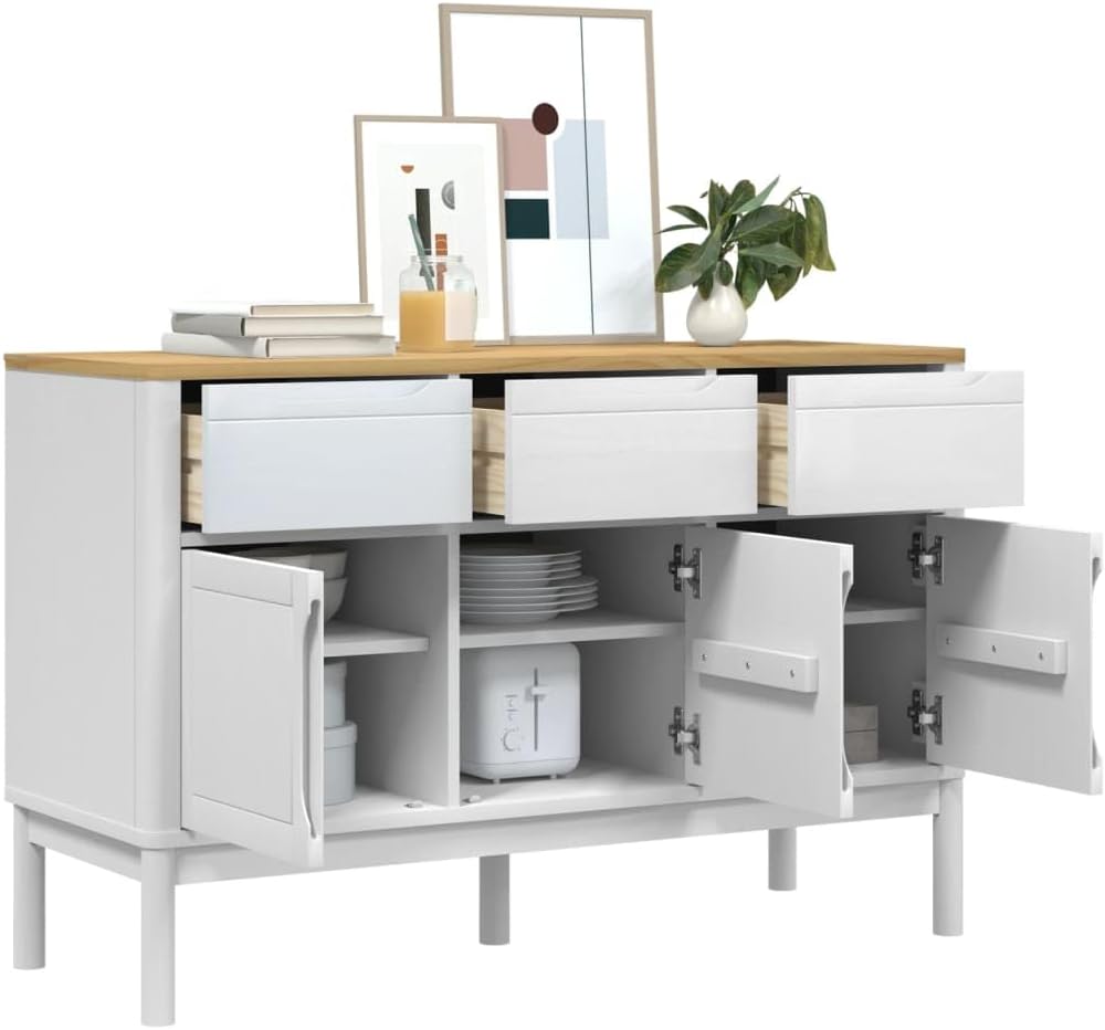 White Solid Pine Wood Sideboard with Drawers and Doors, Modern Engineered Woo...