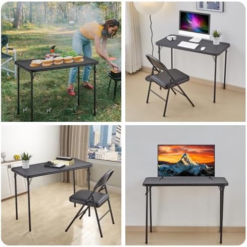 KAIHAOWIN Folding Table Chair Set, Black Vinyl Folding Card Table Chair, No A...