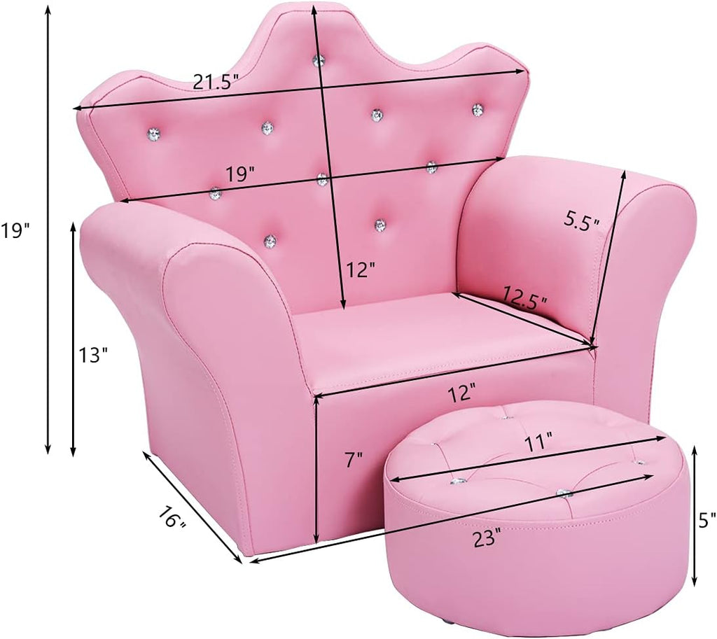 Costzon Kids Sofa, Children Upholstered Sofa with Ottoman, Princess Sofa with Diamond Decoration, Ottoman, Smooth PVC Leather Toddler Chair, Kids Pink Couch for Preschool Boys and Girls Gift (Pink)