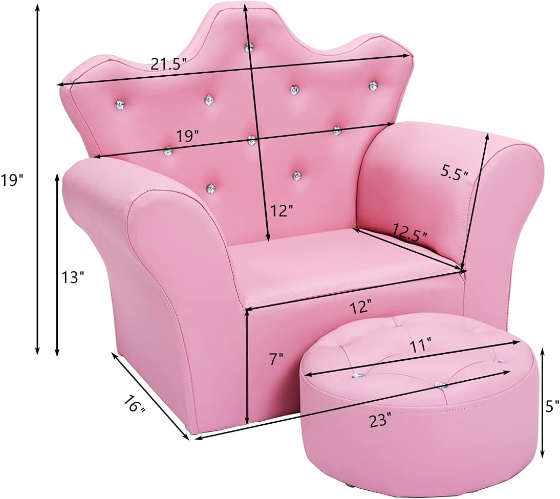 Costzon Kids Sofa, Children Upholstered Sofa with Ottoman, Princess Sofa with Diamond Decoration, Ottoman, Smooth PVC Leather Toddler Chair, Kids Pink Couch for Preschool Boys and Girls Gift (Pink)