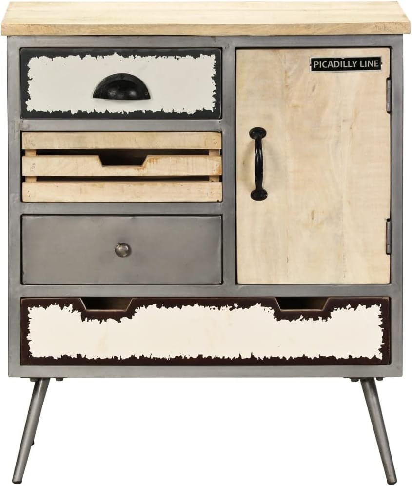 Mid-Century Modern Sideboard in Natural Mango Wood with Steel Accents, 4 Draw...