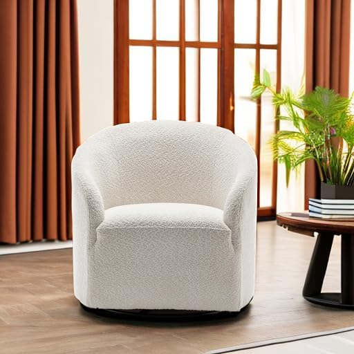 KINWELL 32" Wide No Assembly Boucle Swivel Barrel Chair, White