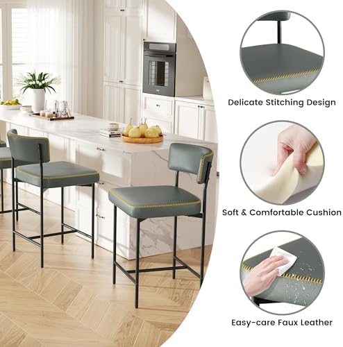 Bar Stools Set of 2, Faux Leather Counter Height Barstools with Curved Back, ...