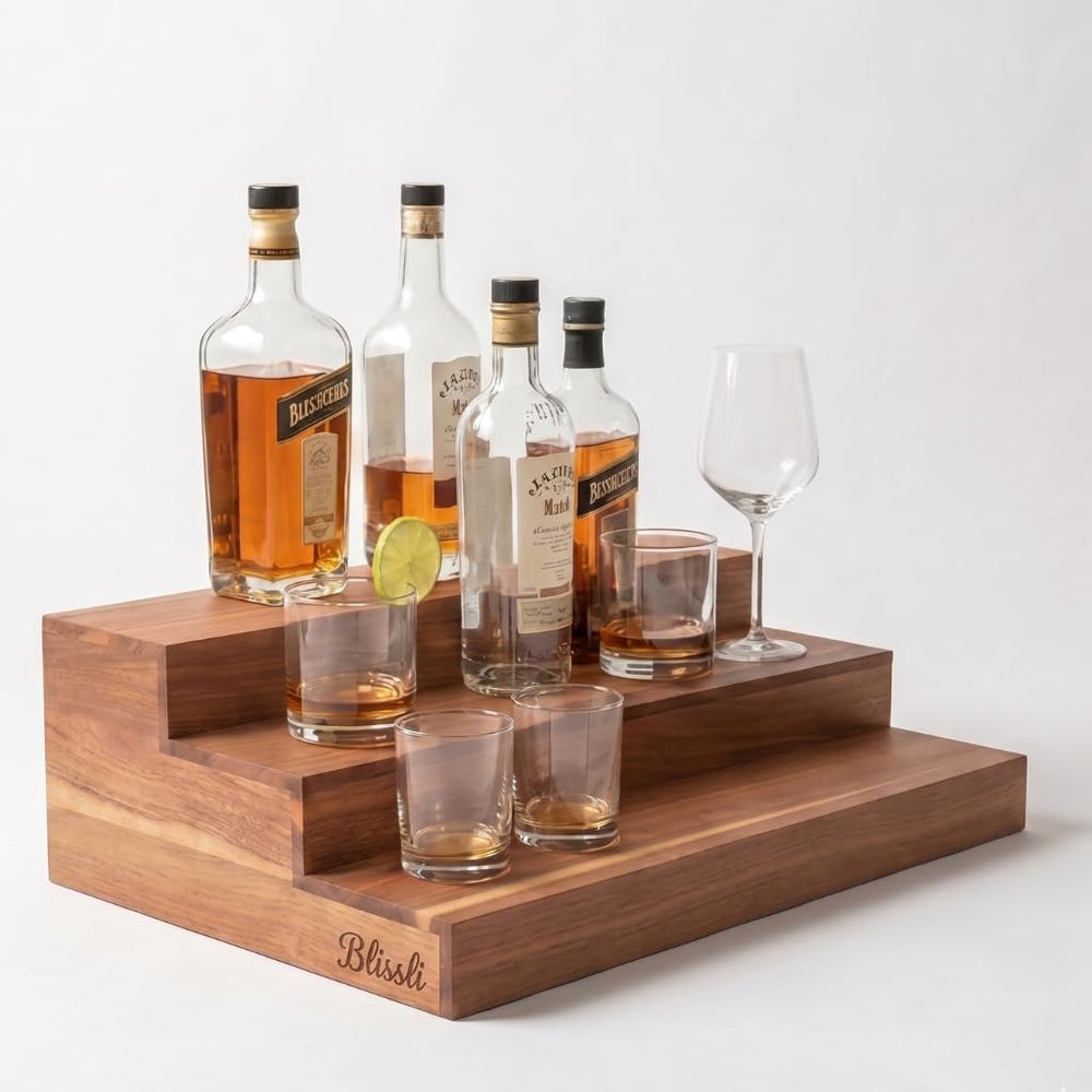 Premium Real Acacia Wood 3-Tier Liquor Bottle Display Shelf | No Assembly, Wa...