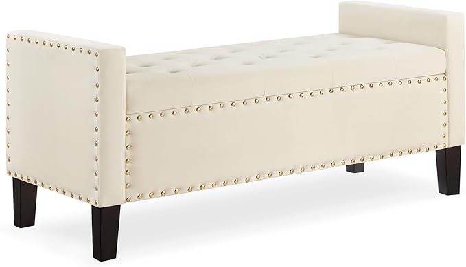Upholstered Velvet Storage Ottoman Bench with Nail Trims,Soft Padded Seat with Armrest,for Living Room,Bedroom,Entryway,Easy to Assemble,Cream