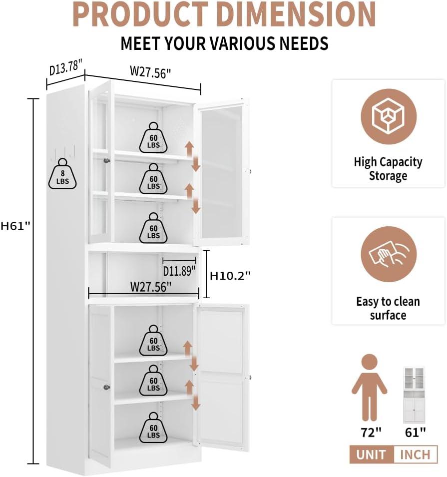 Metal Storage Pantry Cabinet 72" Tall, White Freestanding Organizer with...