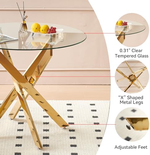 36" Modern Gold Glass Dining Room Table Set for 4, 5-Piece Round Kitchen...
